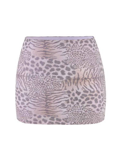 The EVANGELINE SKIRT by TIGERMIST features a bodycon mini fit in pale pink tiger print with subtle animal patterns, showcased against a white background.