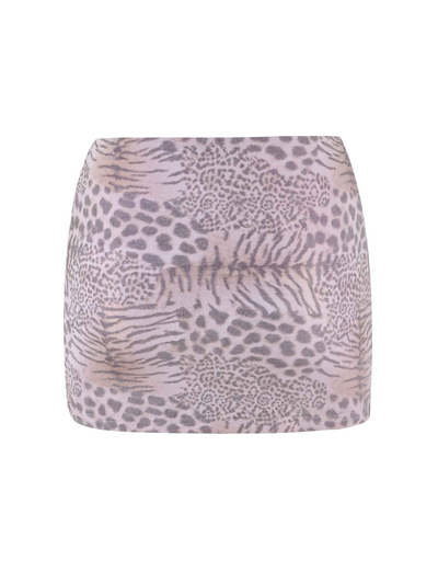 The TIGERMIST EVANGELINE SKIRT - PINK features a high-waisted bodycon fit in pale pink with a tiger stripe print, shown on a white background.