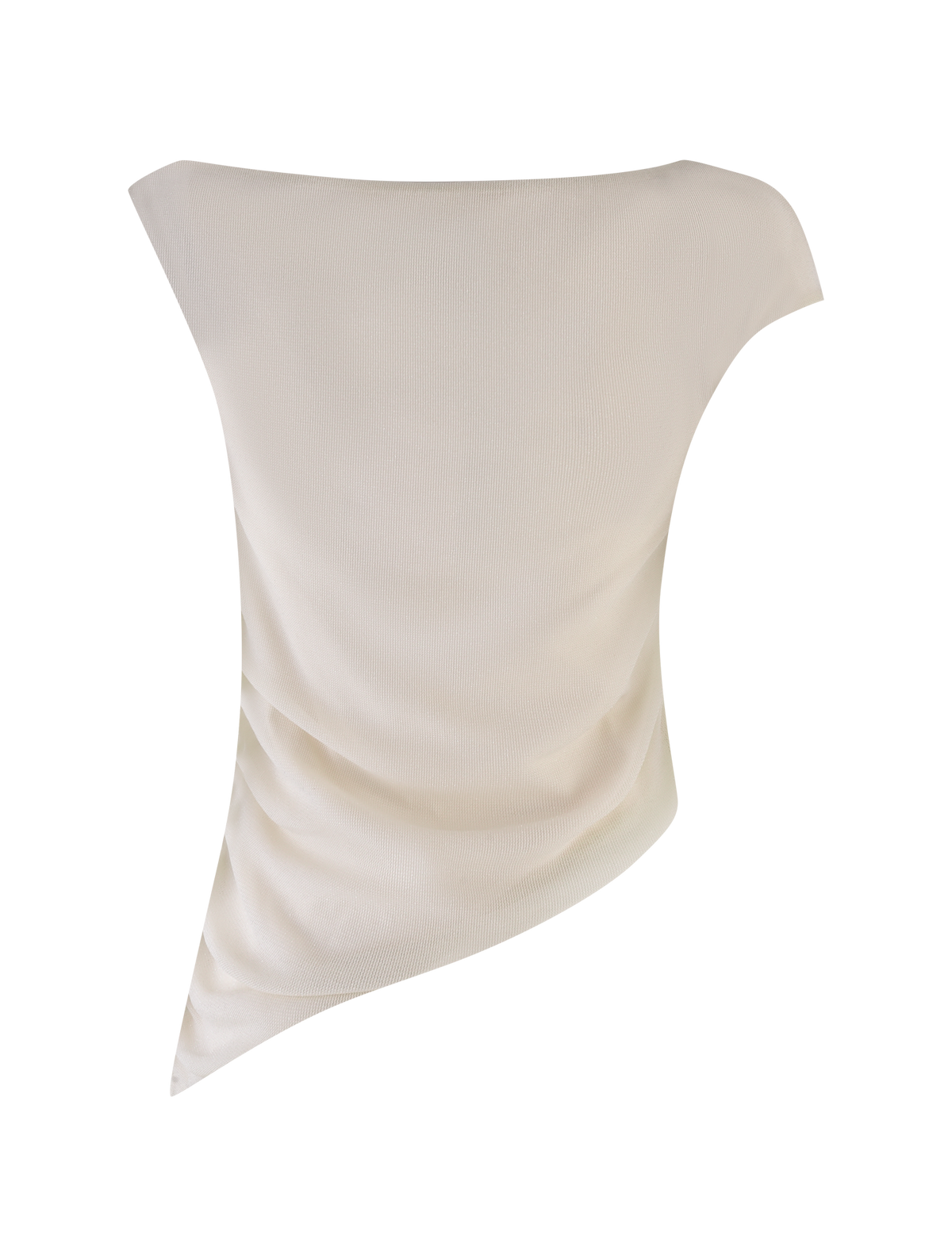 The COBI TANK - WHITE : CREAM by TIGERMIST is a white, sheer shimmer jersey asymmetrical top with one exposed shoulder and soft draping, shown on a mannequin against a white background.