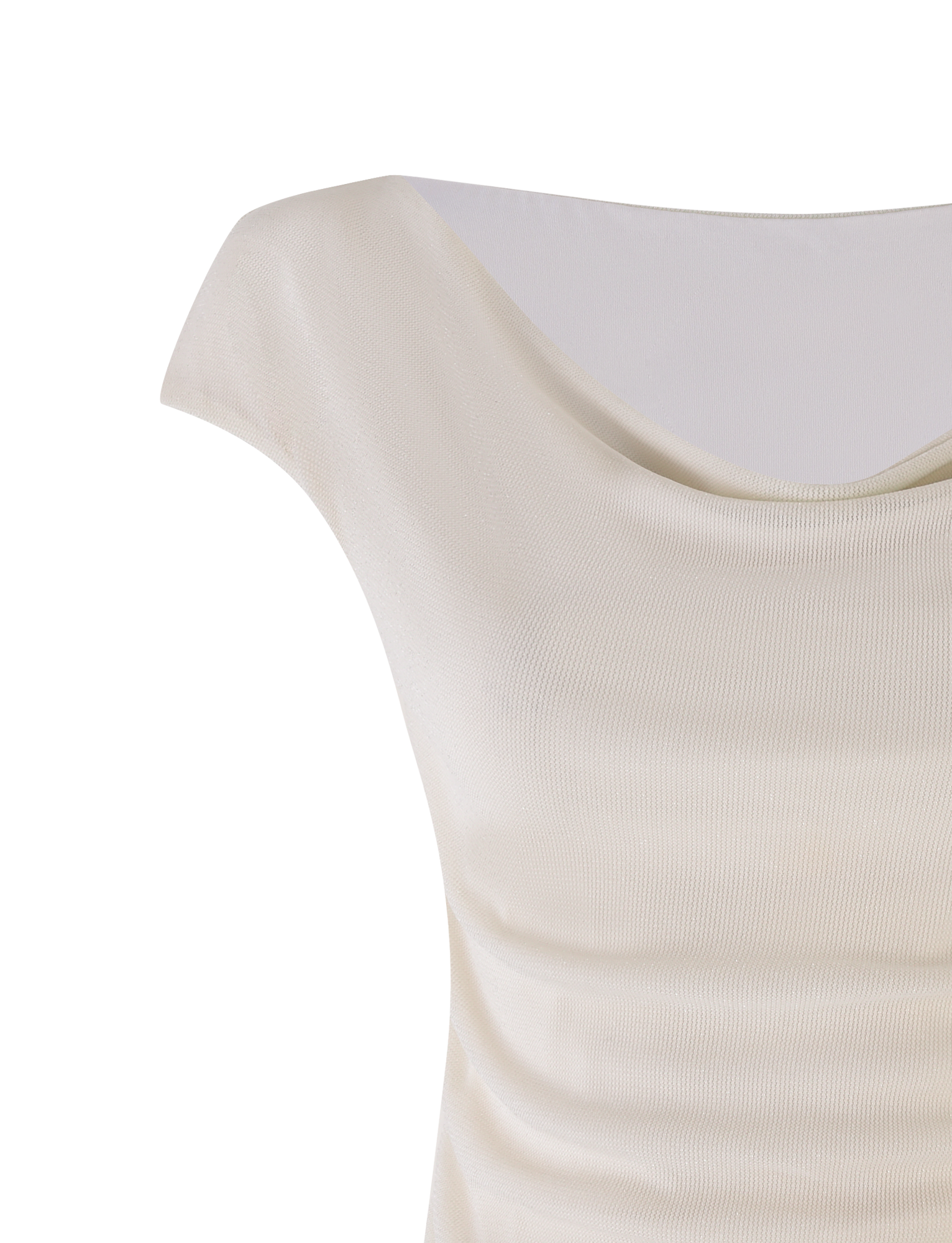 A close-up of the TIGERMIST COBI TANK in White : Cream, a sleeveless top with ruched detailing and a draped cowl neckline, made from shimmer jersey, shown against a plain white background.