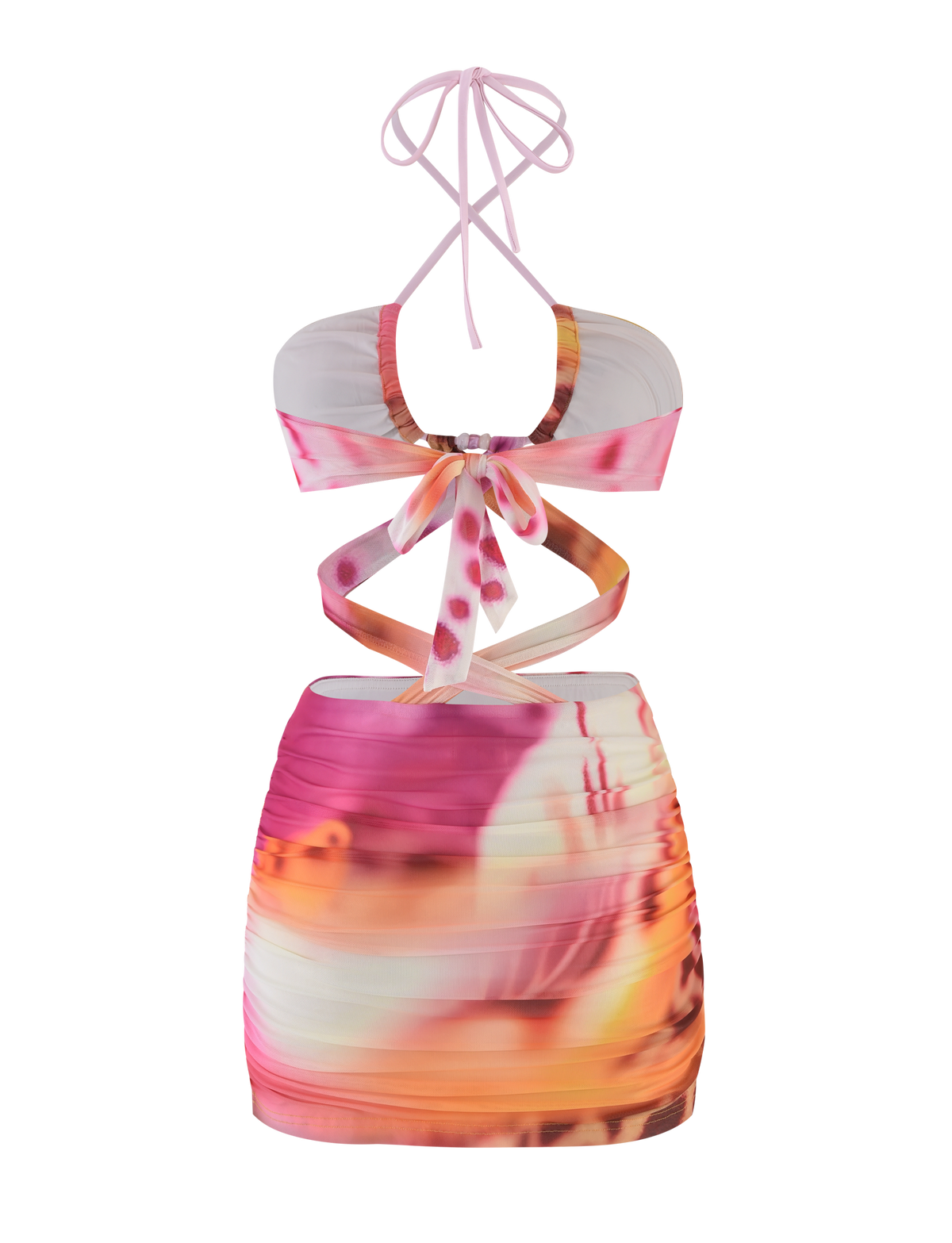 The ZARIAH MINI DRESS - MACRO ORCHID by TIGERMIST is a vibrant mesh mini with pink, orange, and white abstract patterns, a cut-out front, crisscross ties, bodycon fit, and ruched fabric for a flattering silhouette.