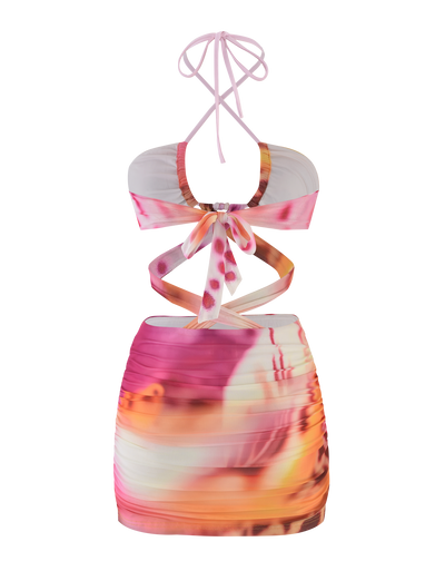 The ZARIAH MINI DRESS - MACRO ORCHID by TIGERMIST is a vibrant mesh mini with pink, orange, and white abstract patterns, a cut-out front, crisscross ties, bodycon fit, and ruched fabric for a flattering silhouette.