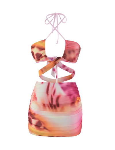 The TIGERMIST ZARIAH MINI DRESS - MACRO ORCHID is a sleeveless mesh bodycon mini with pink, orange, and white abstract patterns, criss-cross halter straps, and multiple front and side cutouts.