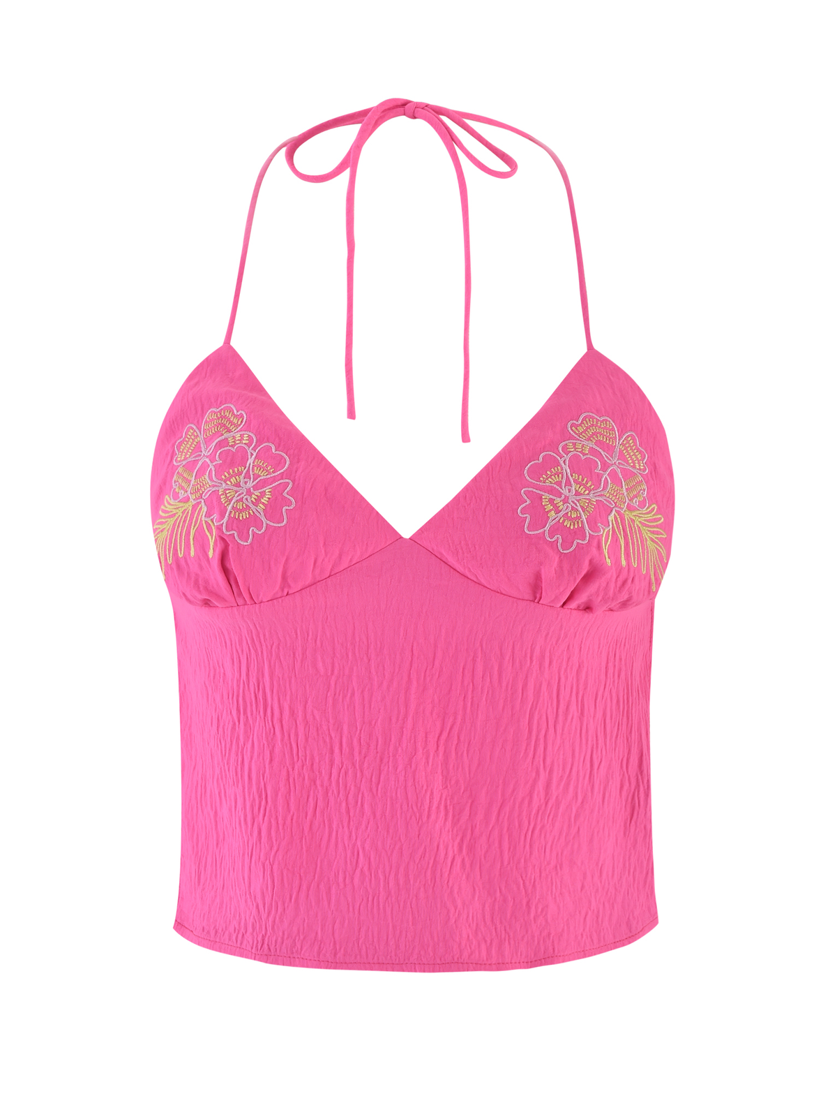 The KAELAH TOP - HOT PINK by TIGERMIST features a textured fabric, open back, and light yellow floral embroidery on both sides of the chest.