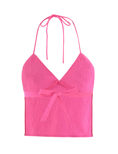 The KAELAH TOP - HOT PINK by TIGERMIST is a vibrant halter top with a V-neckline, open back, and waist tie. Lightweight, crinkled fabric and neck straps complete this statement piece.