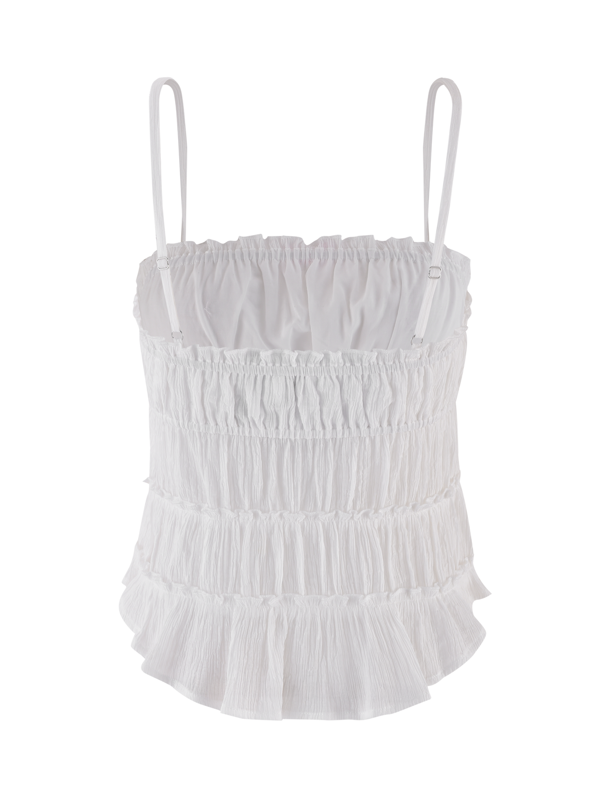 The ASHLYNN TOP in white by TIGERMIST features adjustable straps, ruched and gathered fabric, tiered ruffles, and a satin bow trim for a lightweight, airy look.