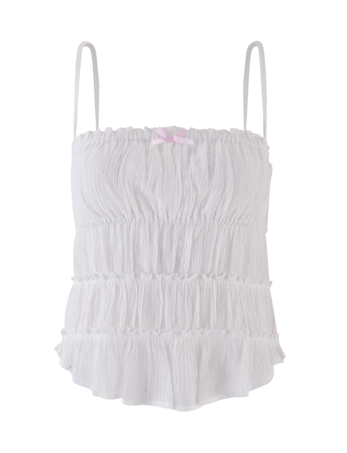 The ASHLYNN TOP - WHITE by TIGERMIST features adjustable shoulder straps, a ruched texture, and a satin bow at the neckline. Its lightweight, slightly sheer fabric adds delicate charm.