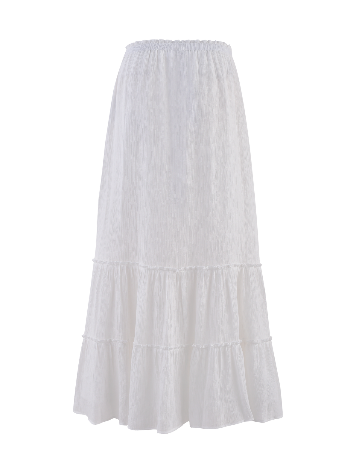 The ASHLYNN MAXI SKIRT - WHITE from TIGERMIST features two flowy tiers, an elasticated waist, a slightly crinkled texture, and full lining. This ankle-length piece is crafted from lightweight fabric for versatile, stylish comfort.
