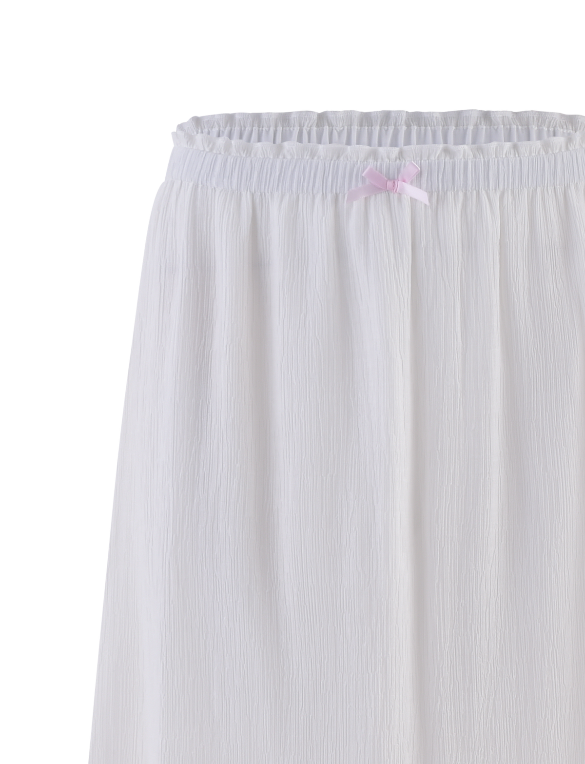 The ASHLYNN MAXI SKIRT by TIGERMIST features a white crinkled design, an elasticated waist, and a contrast satin bow at the top center. Its lightweight, semi-sheer fabric gives it a delicate, airy look.