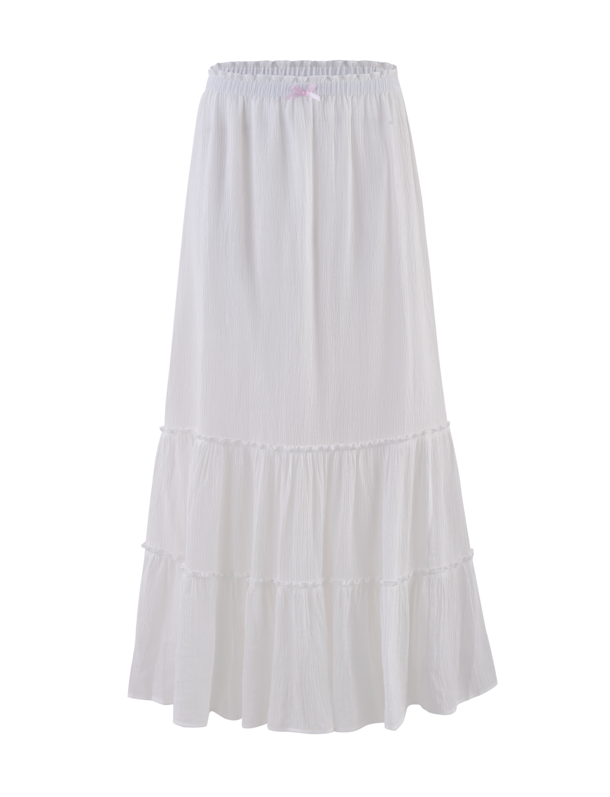 The TIGERMIST ASHLYNN MAXI SKIRT in white features an elasticated waist, flowing lightweight fabric, subtle tiered ruffle details, and full lining for a soft, airy look.