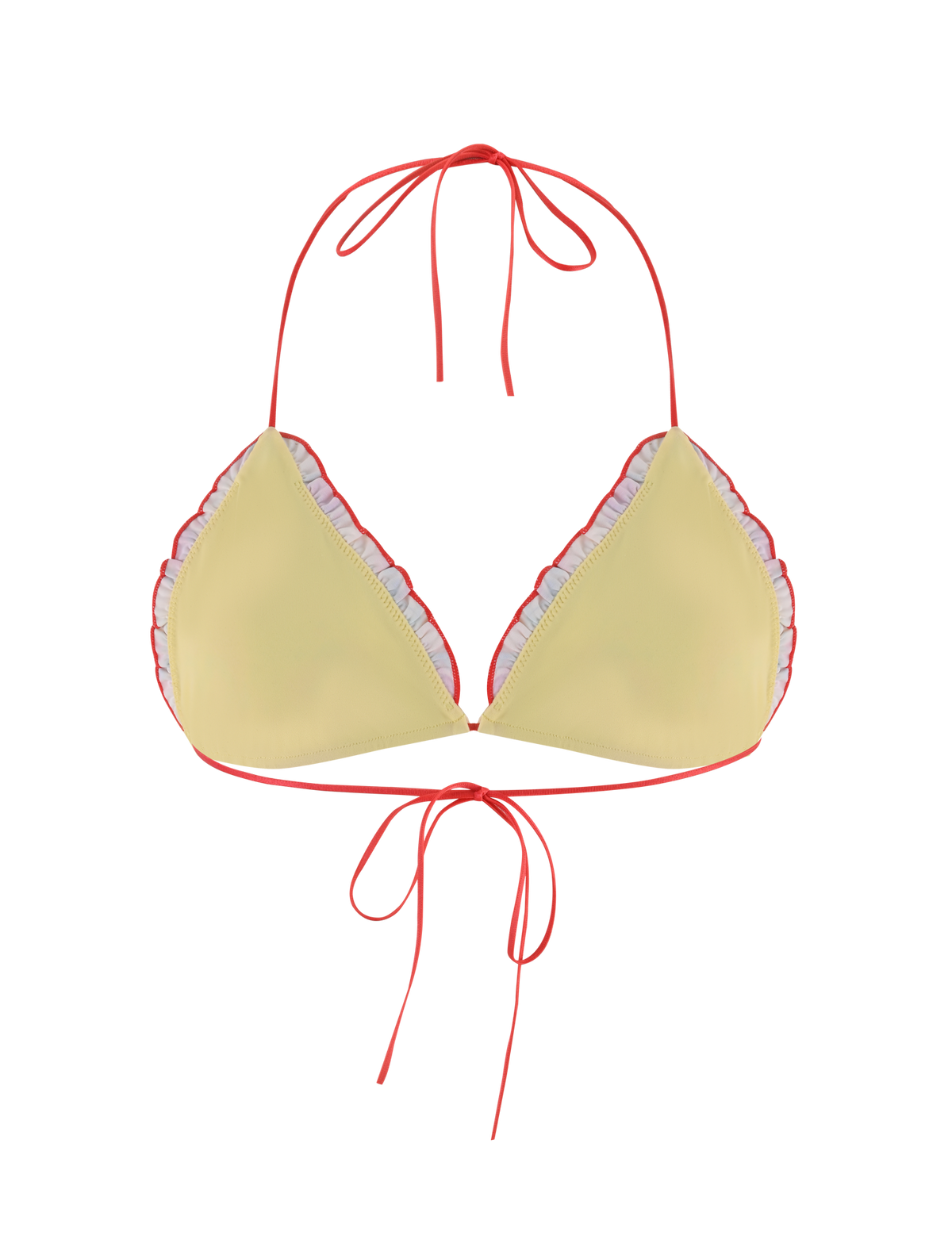 The AMALIE BIKINI TOP - SUMMER BLOSSOM by TIGERMIST features a yellow triangle design with light blue ruffled trim and red halter neck and back ties, shown against a plain background.