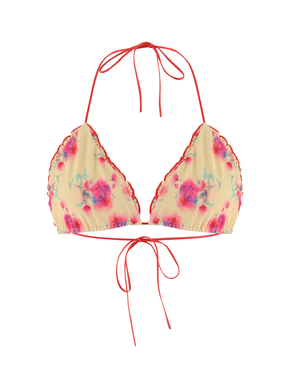 The AMALIE BIKINI TOP - SUMMER BLOSSOM by TIGERMIST features a flattering triangle design with pink and blue floral prints on light yellow, completed with a halter neck and back ties.