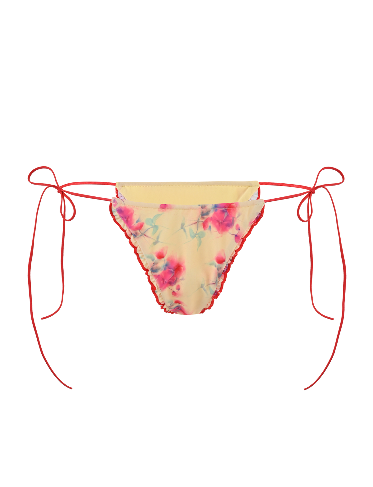 The TIGERMIST AMALIE 2PC Bikini Bottom in Summer Blossom features a yellow base with vibrant pink and blue floral print and red string side ties, displayed against a plain background.