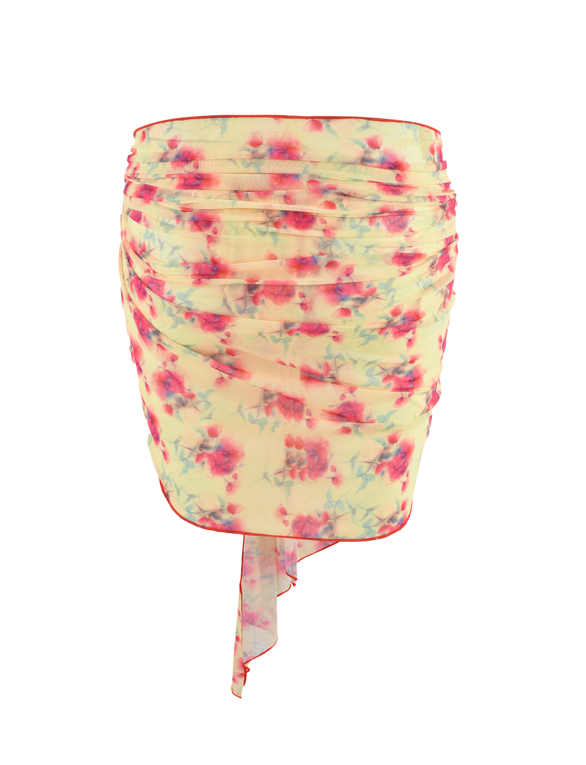 Pair the TIGERMIST AMALIE 2PC BIKINI BOTTOM - SUMMER BLOSSOM with a high-waisted, ruched floral mini skirt in pink and green on light yellow, featuring an asymmetrical draped hem for a chic summer look.
