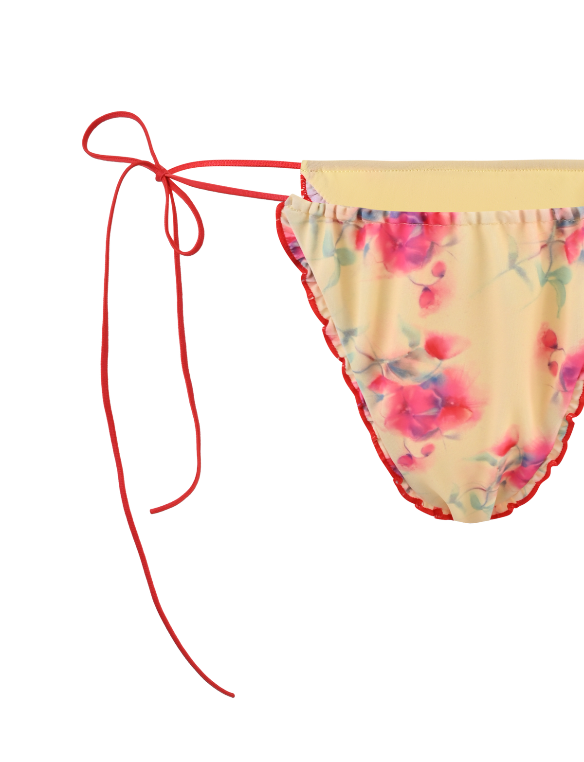 The TIGERMIST AMALIE 2PC BIKINI BOTTOM - SUMMER BLOSSOM features a yellow floral design with pink and red patterns and red bow side ties.