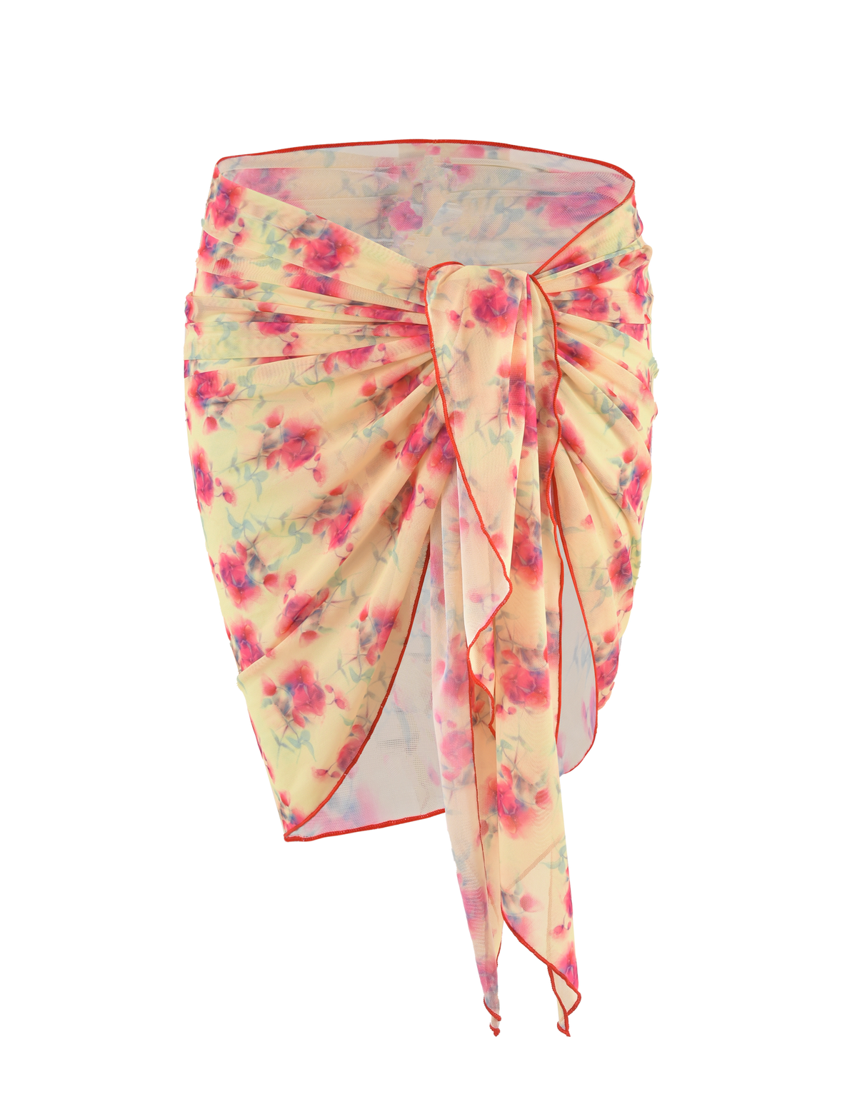 A sheer, light yellow floral sarong with pink and green Summer Blossom print, red-trimmed edges, and asymmetric drape—perfect to wear over your TIGERMIST AMALIE 2PC BIKINI BOTTOM.