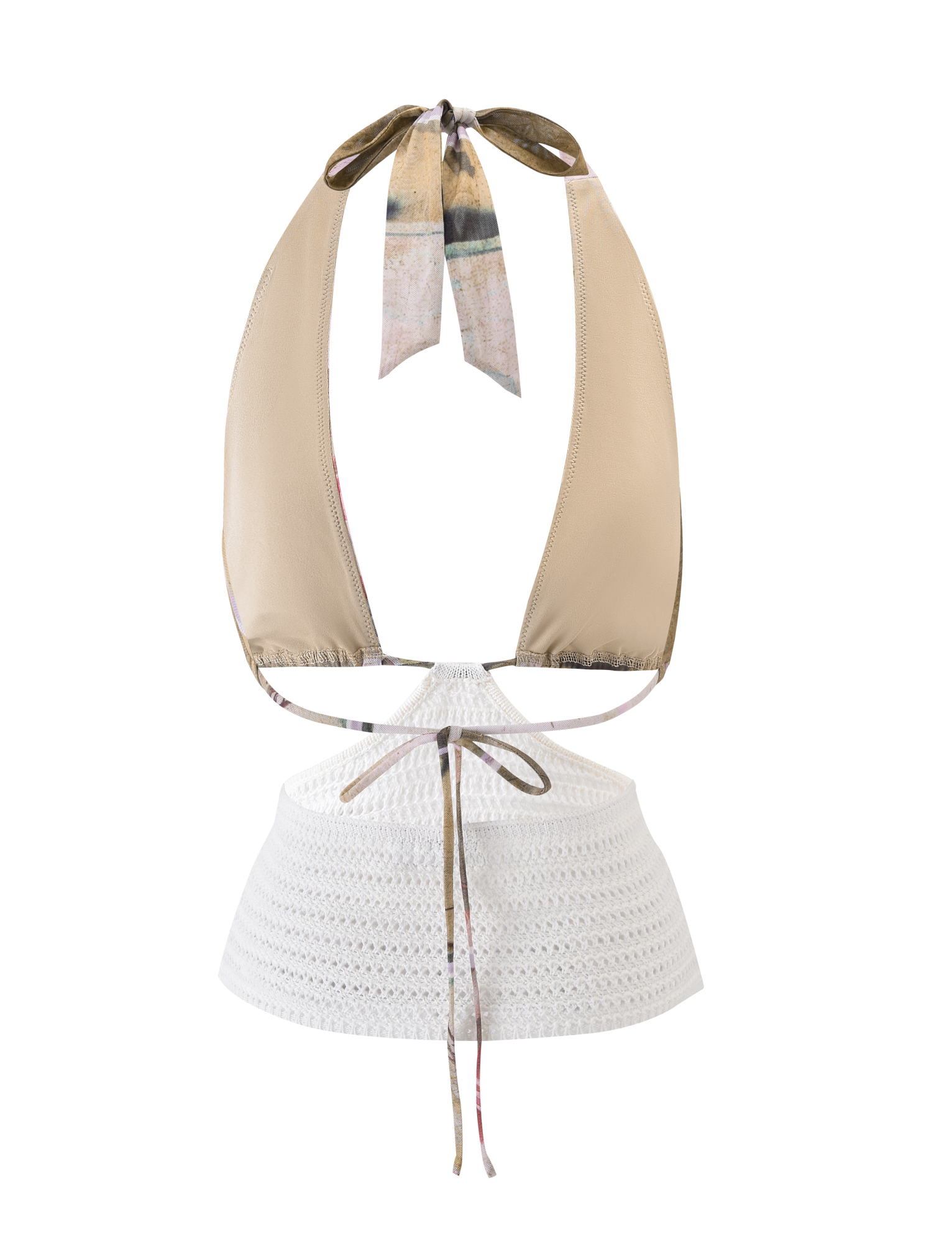 The TILLEY TOP - ROSE POSTCARD by TIGERMIST is a beige halter bikini top with a brown neck tie, styled with a white crochet mini skirt with a brown waist tie, shown on a white background.