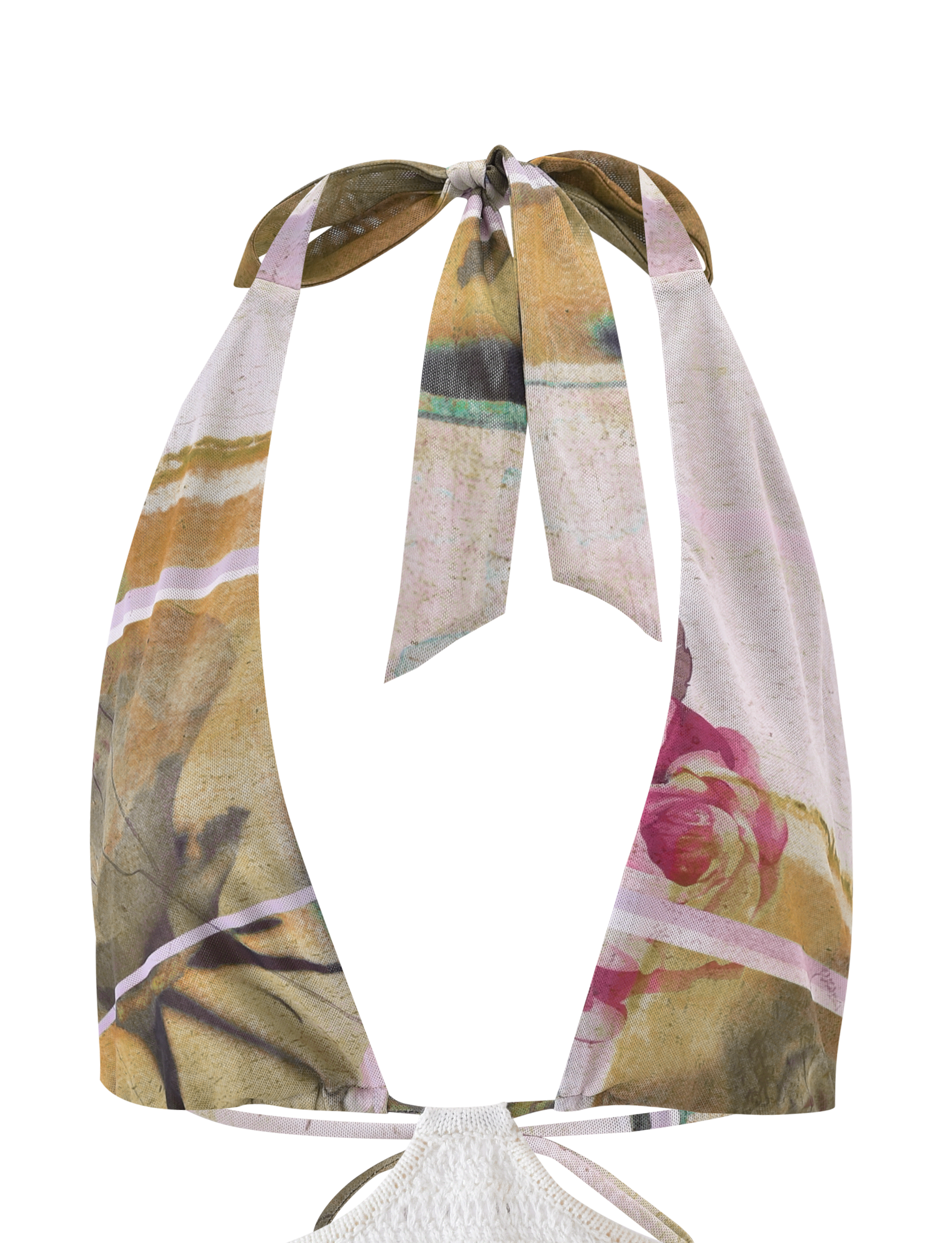 The TILLEY TOP - ROSE POSTCARD by TIGERMIST is a mesh halter bikini with wide neck ties, featuring a floral print in muted pink, green, and yellow on a light background.