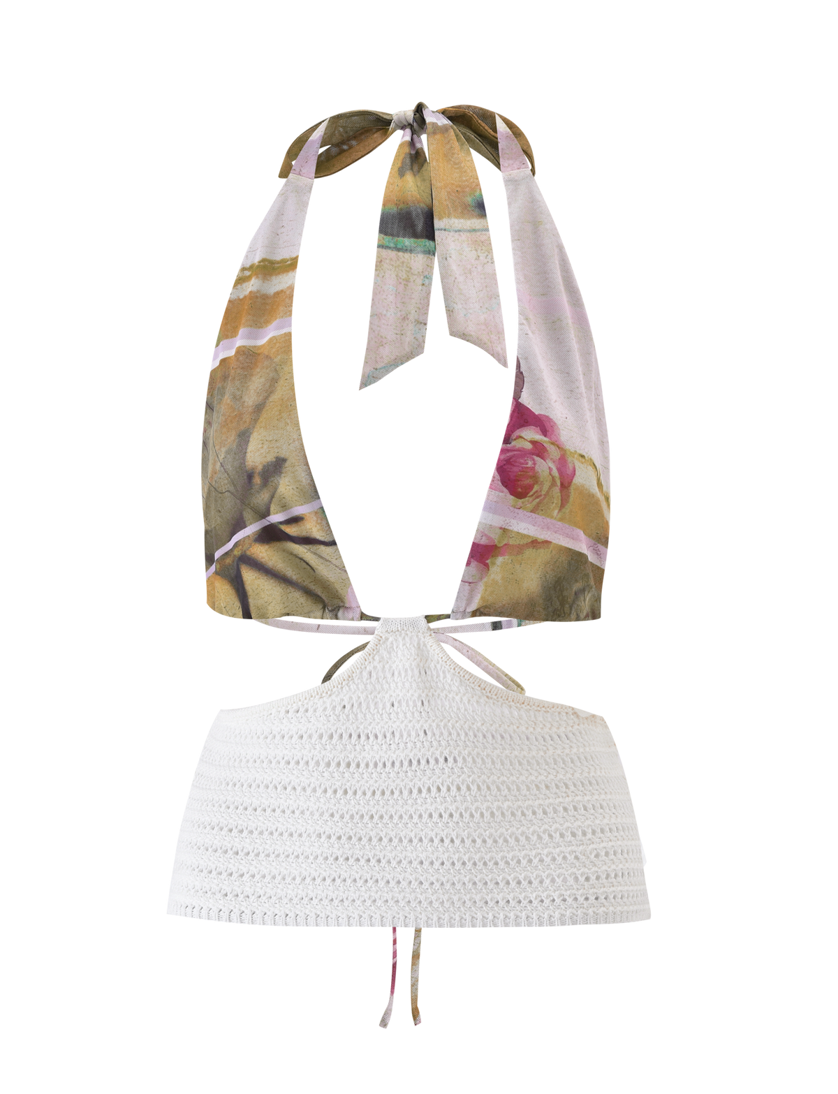 The TILLEY TOP - ROSE POSTCARD by TIGERMIST is a halter crop crochet top with a floral mesh scarf-style upper, white crocheted bottom, open back, and adjustable neck tie.