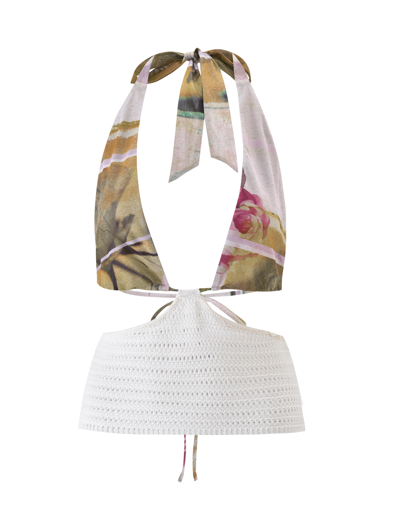 The TILLEY TOP - ROSE POSTCARD by TIGERMIST is a halter crop crochet top with a floral mesh scarf-style upper, white crocheted bottom, open back, and adjustable neck tie.