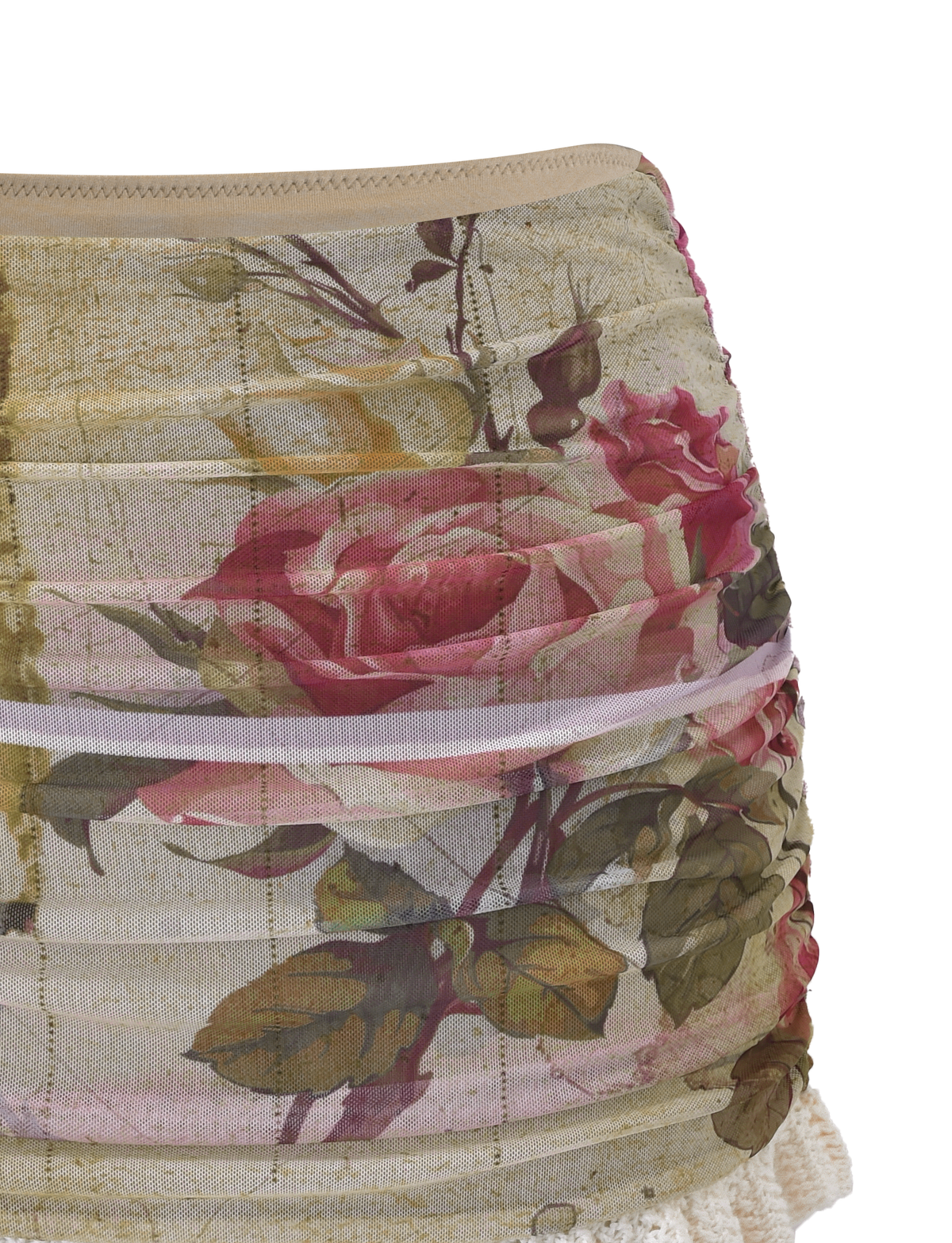 The TILLEY MINI SKIRT - ROSE POSTCARD by TIGERMIST features a vintage-inspired, semi-sheer floral mesh with a pink and red rose print, green leaves, and crochet ruffle lace trim at the hem.