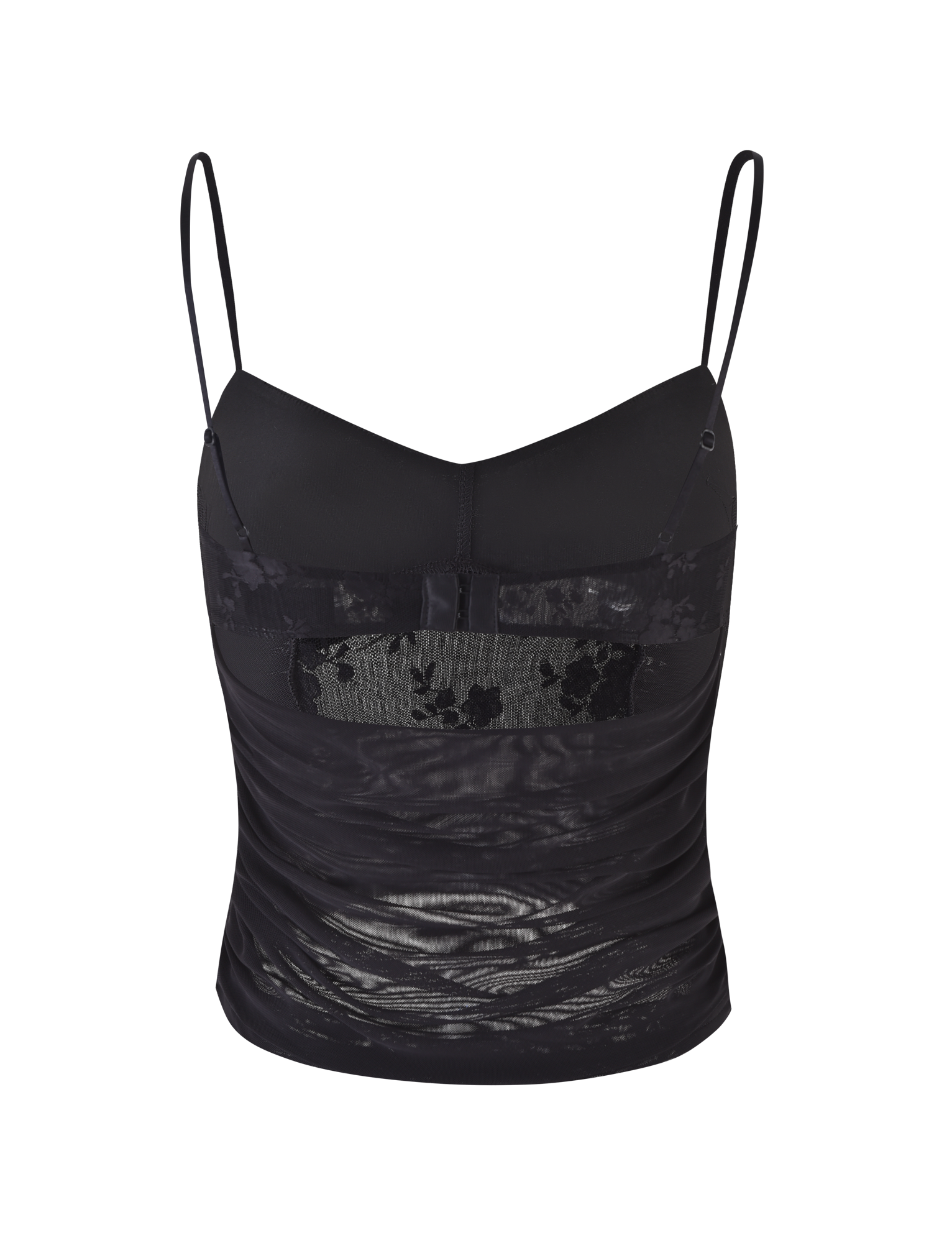 The KALLIE TOP - BLACK by TIGERMIST features a black lace design with adjustable straps, sheer ruched sides, floral lace detail at the chest, mesh panels, and a subtly shiny textured fabric for added allure.