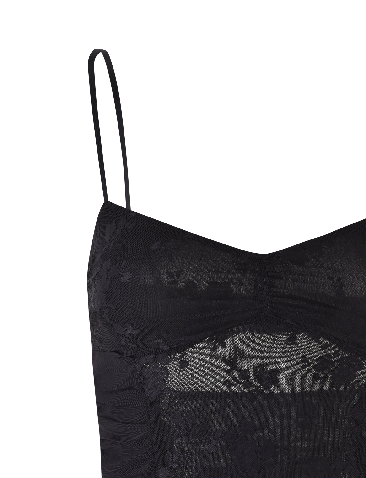 A close-up of the KALLIE TOP - BLACK by TIGERMIST, showcasing mesh panels, thin adjustable straps, and sheer floral lace detailing on the bust and upper torso.