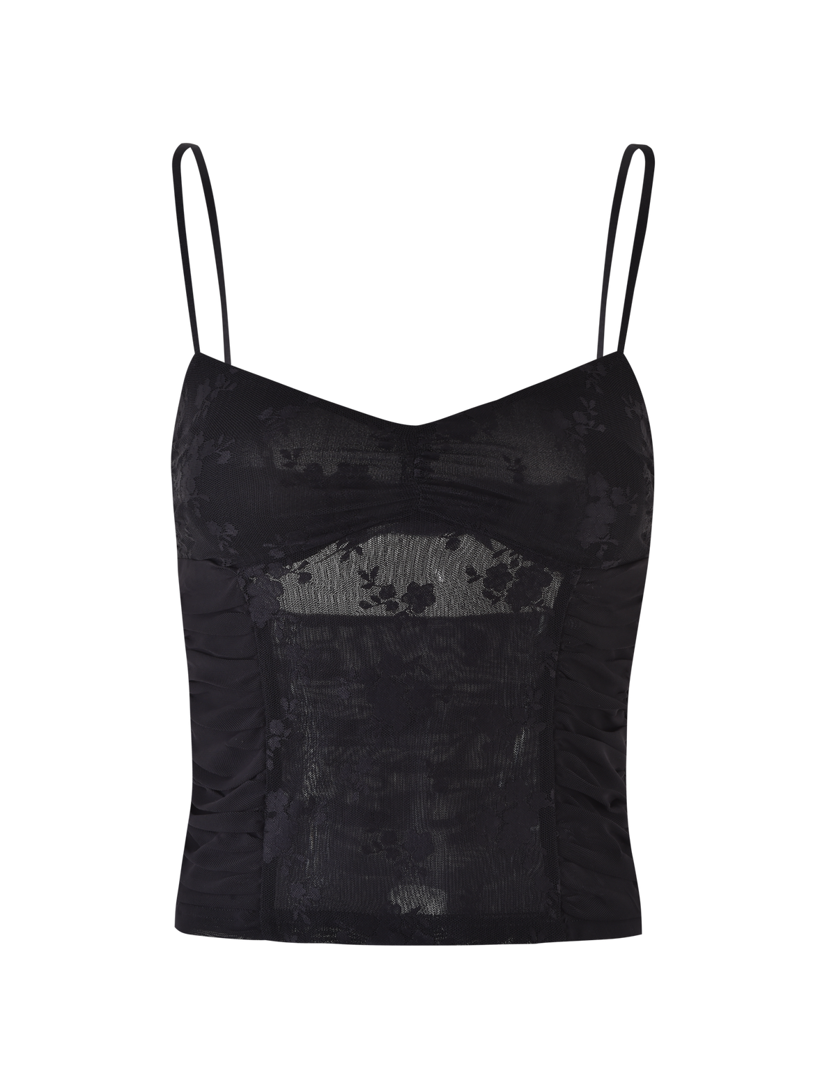The KALLIE TOP - BLACK by TIGERMIST features thin adjustable straps, ruched sides, mesh panels, and a floral lace front and chest design.