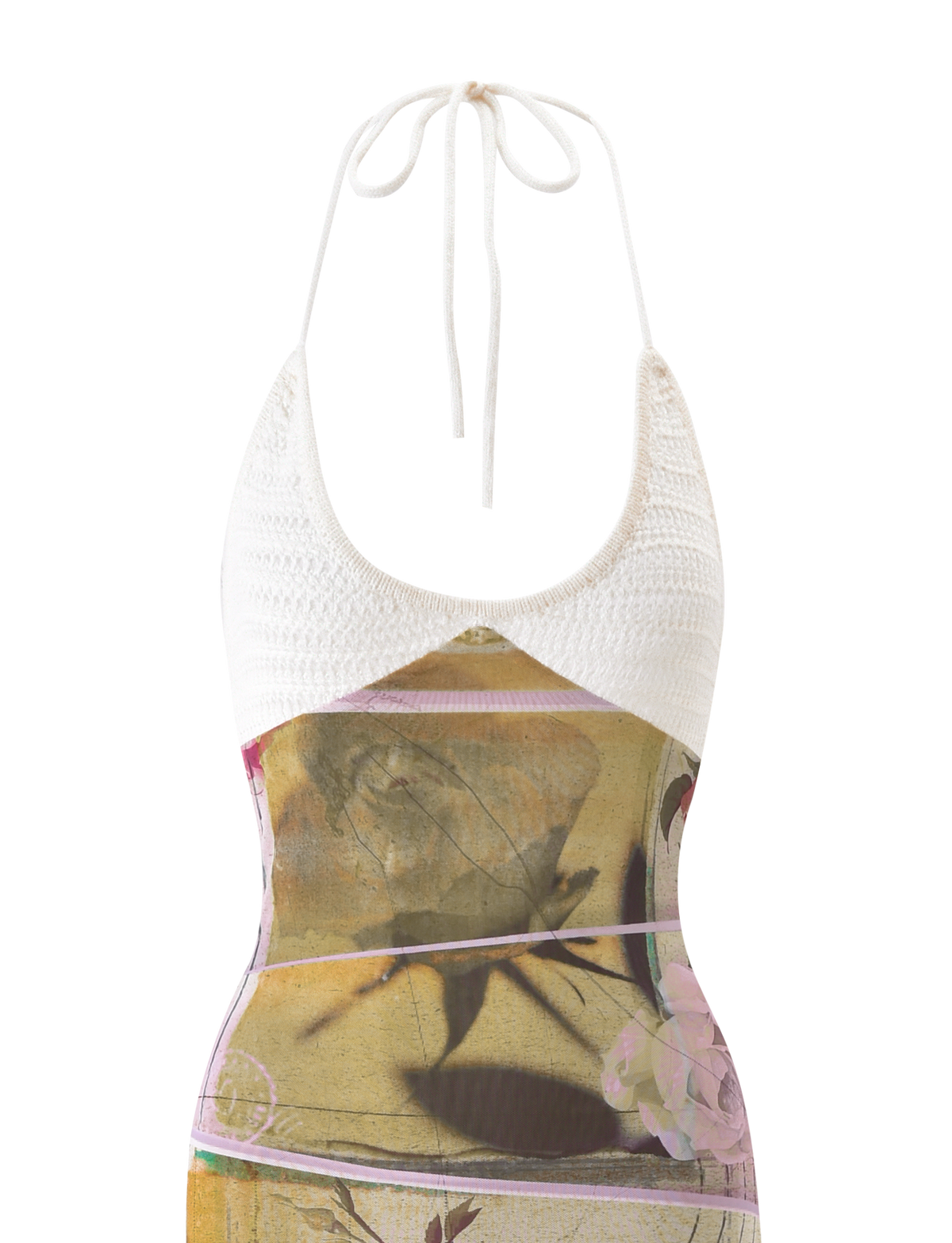 The TIGERMIST TILLEY MAXI DRESS - ROSE POSTCARD features a sleeveless halter design with crochet bust cups, a white crocheted top, and a fitted skirt in an earthy abstract floral print with pink accents. Made from soft, stretchy fabric for comfort.