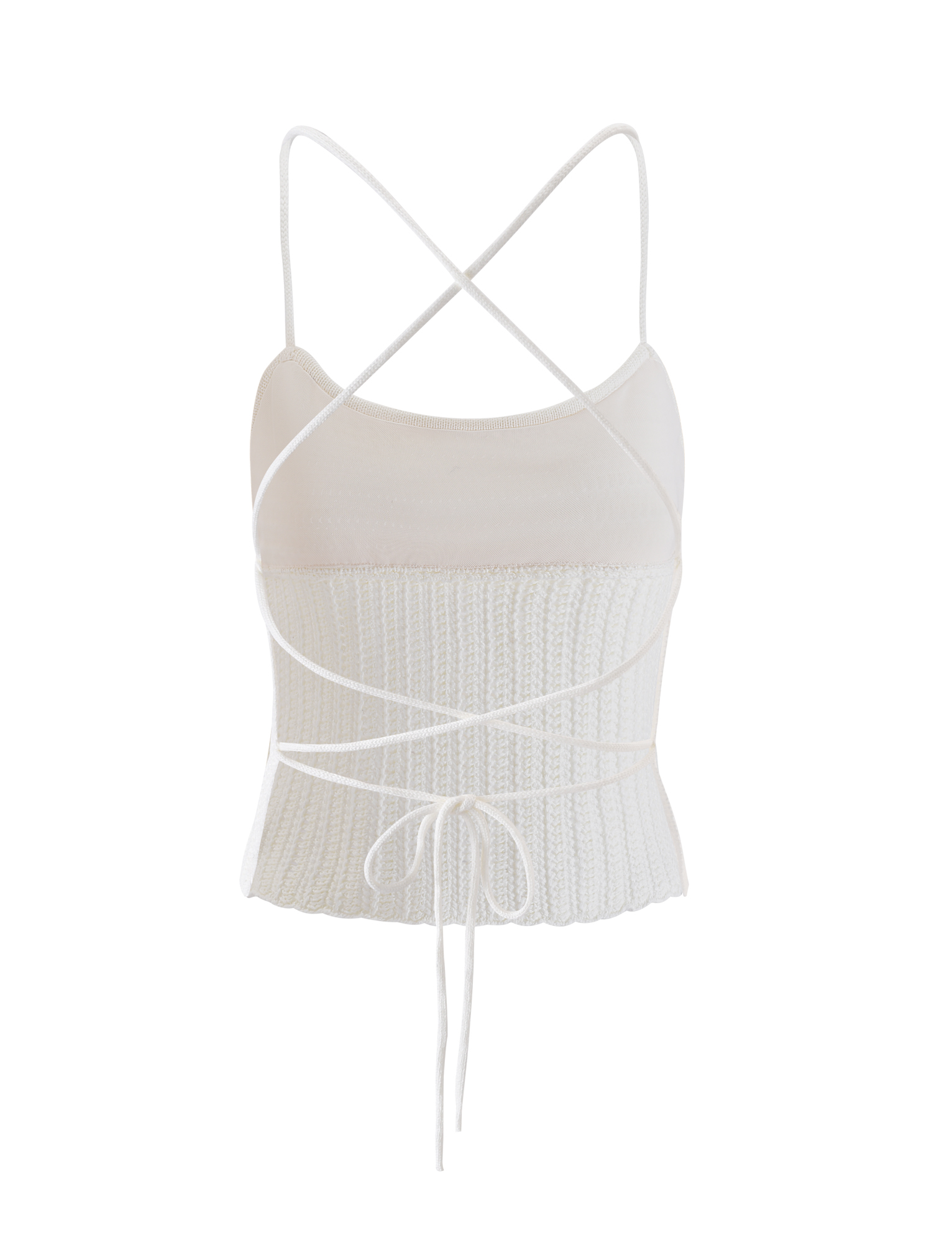 The EMELYN TOP in cream by TIGERMIST is a fitted, ribbed knit crop top with thin spaghetti straps that lace up at the back and wrap around the waist for a stylish effect.