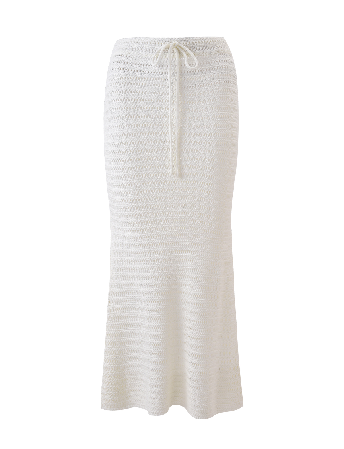 The EMELYN MIDI SKIRT by TIGERMIST features a cream crochet design, elasticated waist, and slightly flared hem, shown against a plain white background.