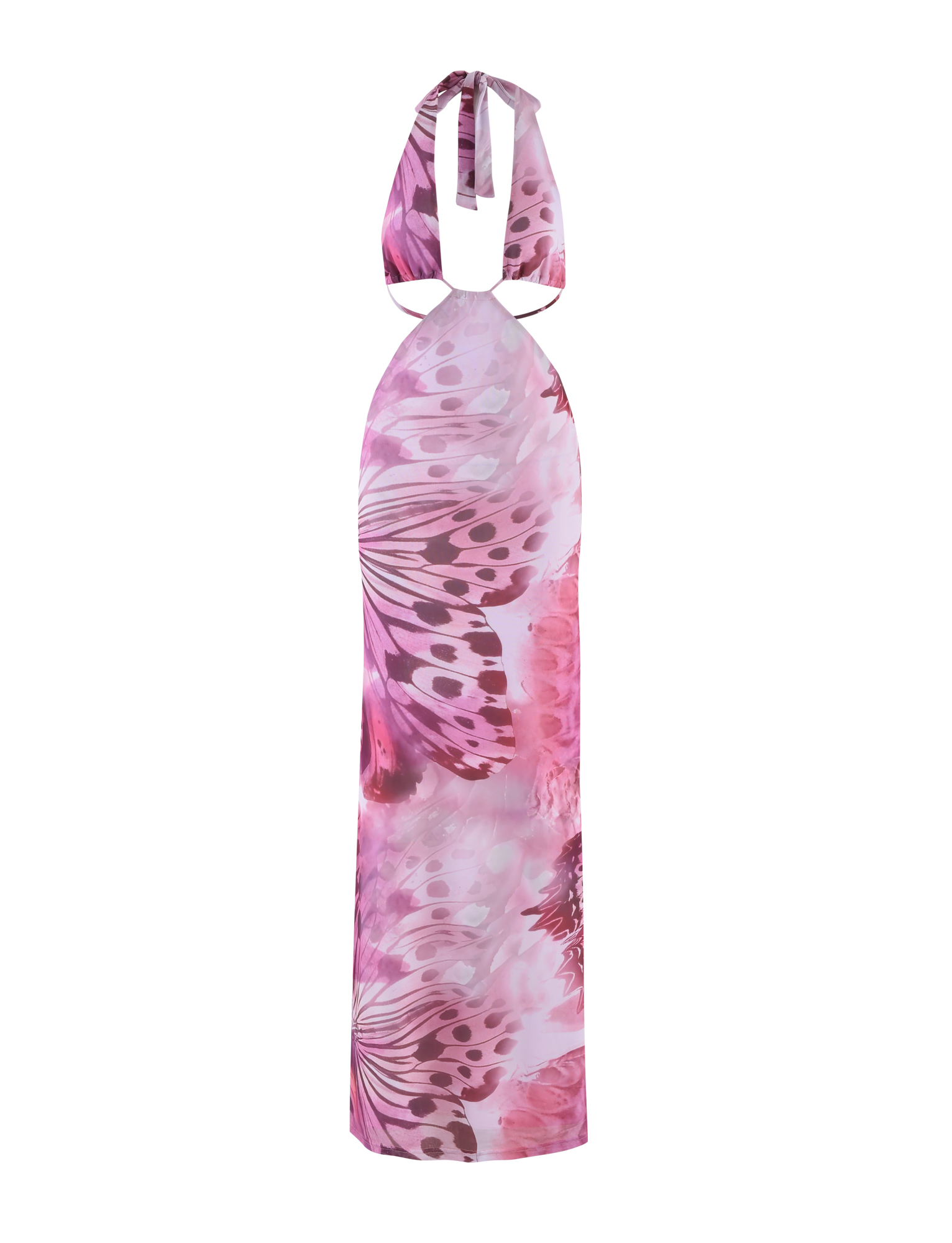 The TIGERMIST SOLEIL MAXI DRESS - MACRO BUTTERFLY is a sleeveless, halter-neck mesh maxi with adjustable halter and back ties, featuring a pink and purple butterfly print and a fitted silhouette.