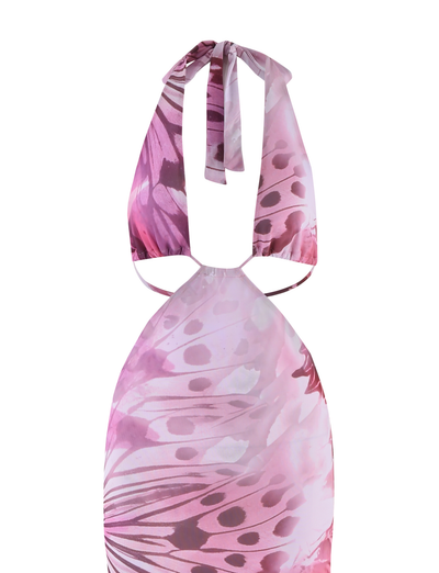 The SOLEIL MAXI DRESS - MACRO BUTTERFLY by TIGERMIST features a mesh maxi design with a pink and purple butterfly wing print, adjustable halter neck ties, and an open back.