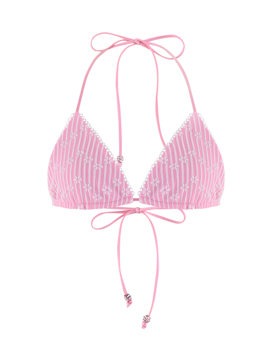 The SAHRA BIKINI TOP - PINK FLOWER STRIPE by TIGERMIST features pink stripes, white beaded accents, thin adjustable neck and back straps, and decorative beads at the tie ends.