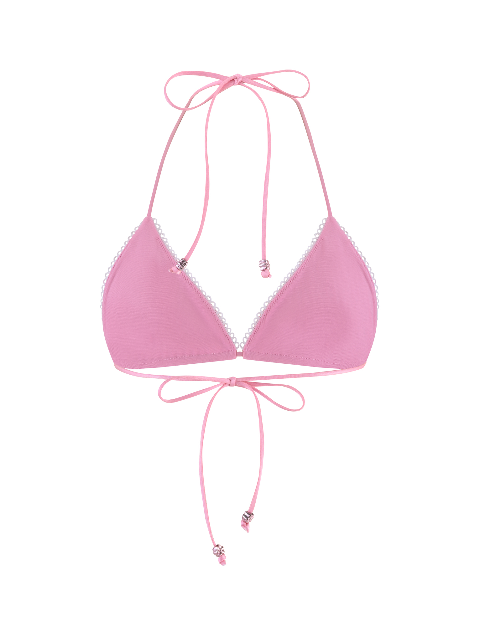 The SAHRA BIKINI TOP - PINK FLOWER STRIPE by TIGERMIST features a halter neck, back ties with beaded accents, and is finished with delicate white lace trim along the edges.