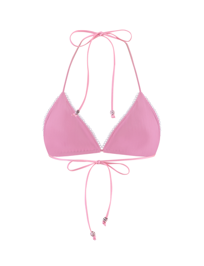 The SAHRA BIKINI TOP - PINK FLOWER STRIPE by TIGERMIST features a halter neck, back ties with beaded accents, and is finished with delicate white lace trim along the edges.