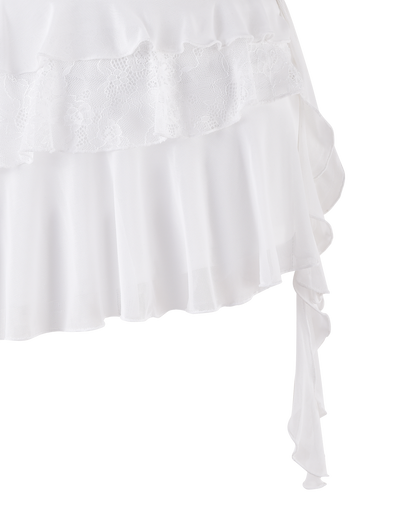 The AVALYN SKIRT - WHITE by TIGERMIST features white ruffled fabric with lace trim and flowing layers, styled like a mesh frill mini skirt, shown against a plain background.