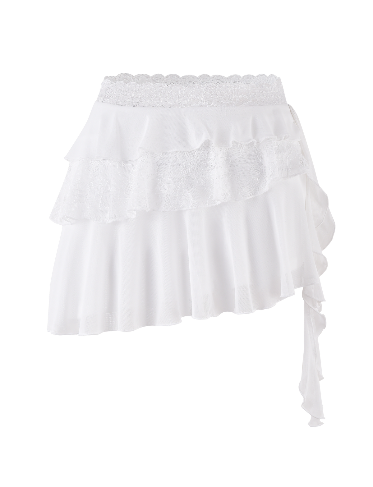 The AVALYN SKIRT - WHITE by TIGERMIST is an asymmetrical mesh mini skirt with layered sheer and lace ruffles, a delicate lace waistband, and a side tie detail.