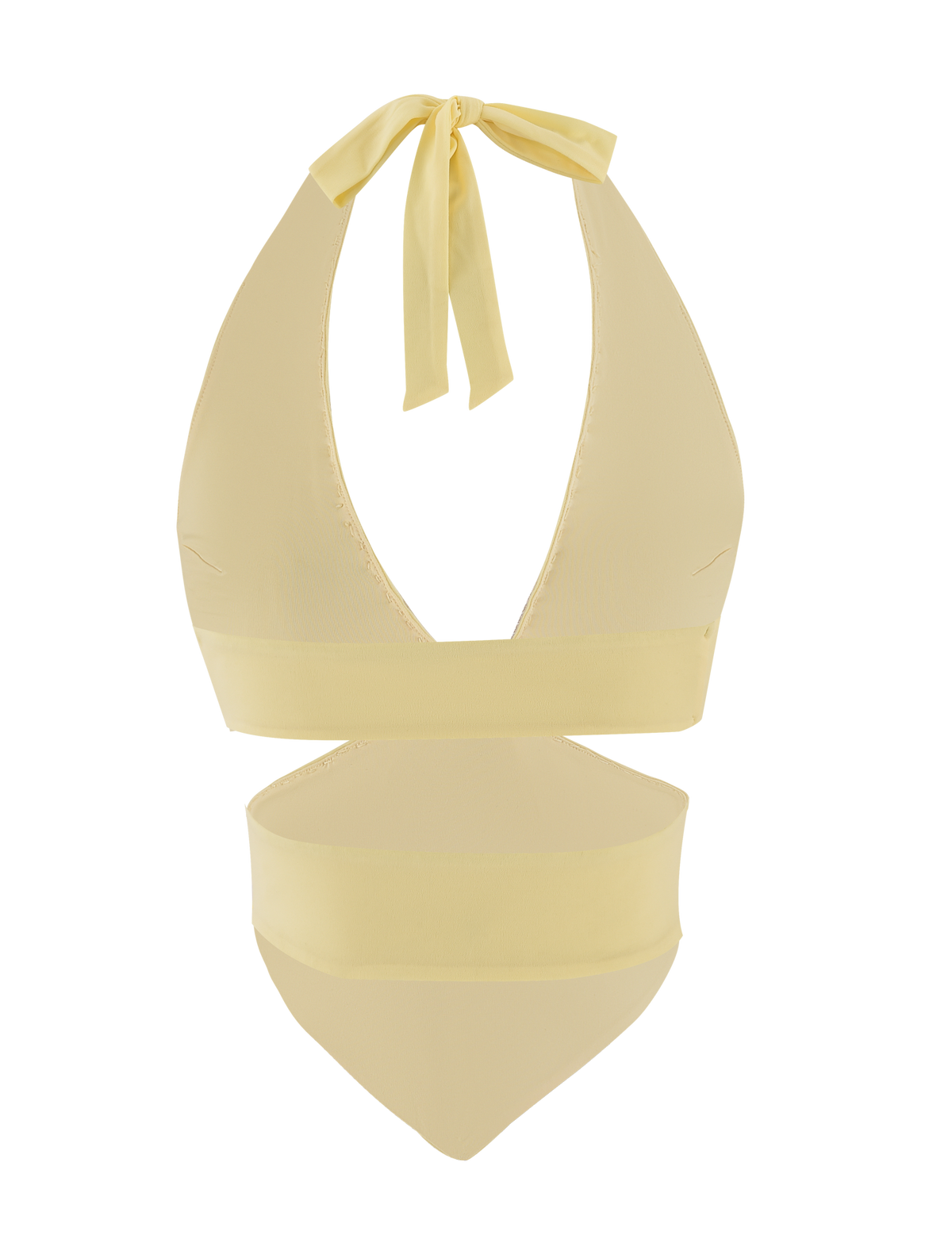 The TIGERMIST LIZZIE TOP - LEMON is a light yellow halter bikini top with a wide underband, deep V neckline, and thick neck tie, paired with a matching high-waisted bottom in the same color and fabric.