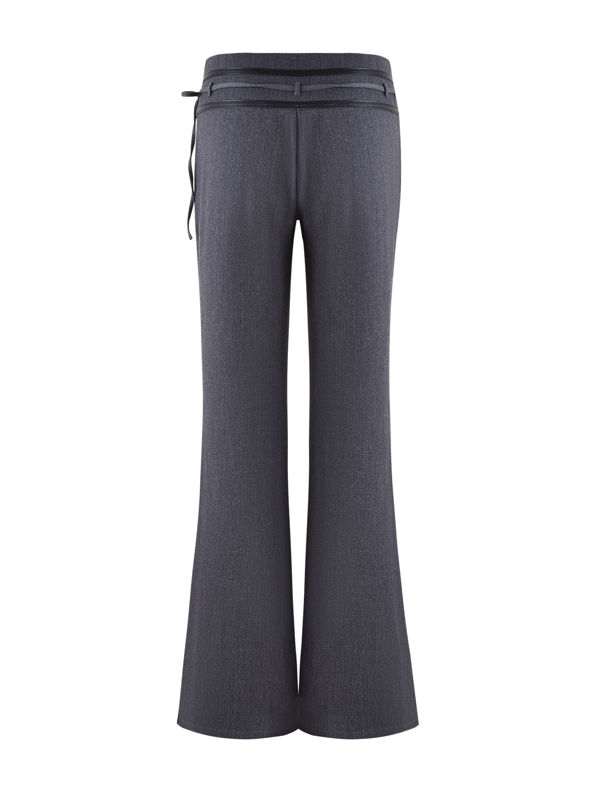 Back view of the TIGERMIST FEDRA PANT - GREY, featuring high-waisted, wide-leg design with a waist belt detail. Subtle texture, PU leather trim, and tailored seams create a sleek, modern fit.