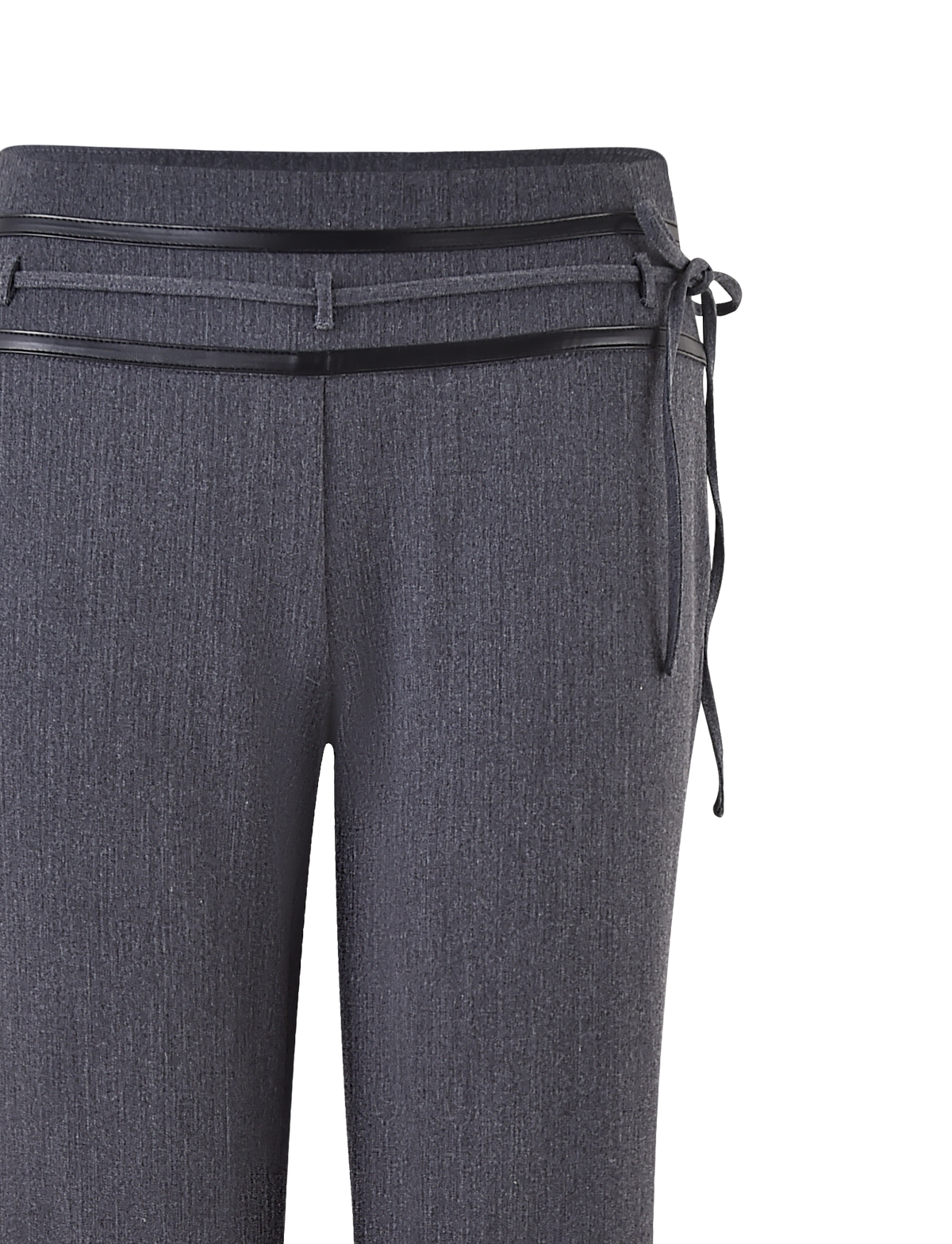 The FEDRA PANT - GREY by TIGERMIST features a slim, straight-leg fit with a matching fabric belt, belt loops, subtle textured pattern, and PU leather trim. Image shows waist and upper legs only.
