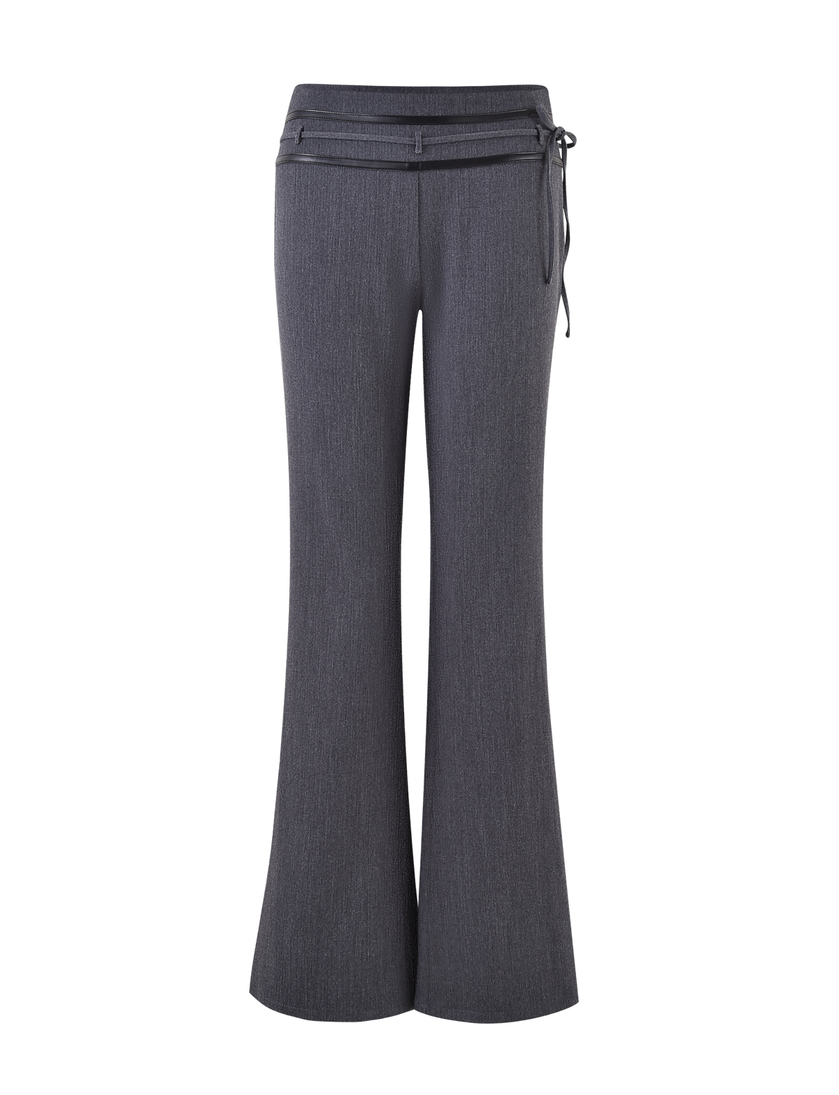 Straight-on view of the TIGERMIST FEDRA PANT - GREY: gray, high-waisted, wide-leg suit pants with subtle texture and tailored fit, featuring a thin matching waist belt, displayed on a neutral background.