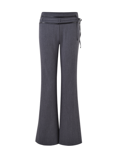 Straight-on view of the TIGERMIST FEDRA PANT - GREY: gray, high-waisted, wide-leg suit pants with subtle texture and tailored fit, featuring a thin matching waist belt, displayed on a neutral background.