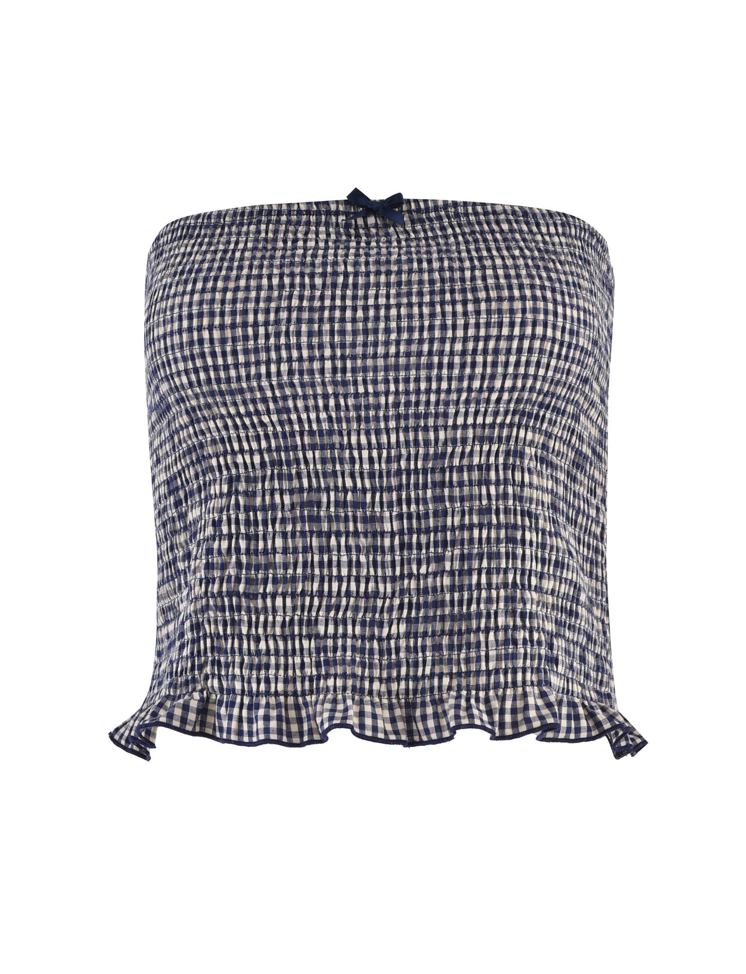 The TIGERMIST ERYNN TOP in navy gingham is a strapless, smocked top featuring a ruffled hem and a small center bow.