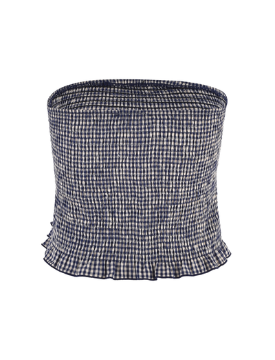 The TIGERMIST ERYNN TOP in navy gingham is a strapless, smocked, bodycon top with a ruffled hem, shown against a plain white background.