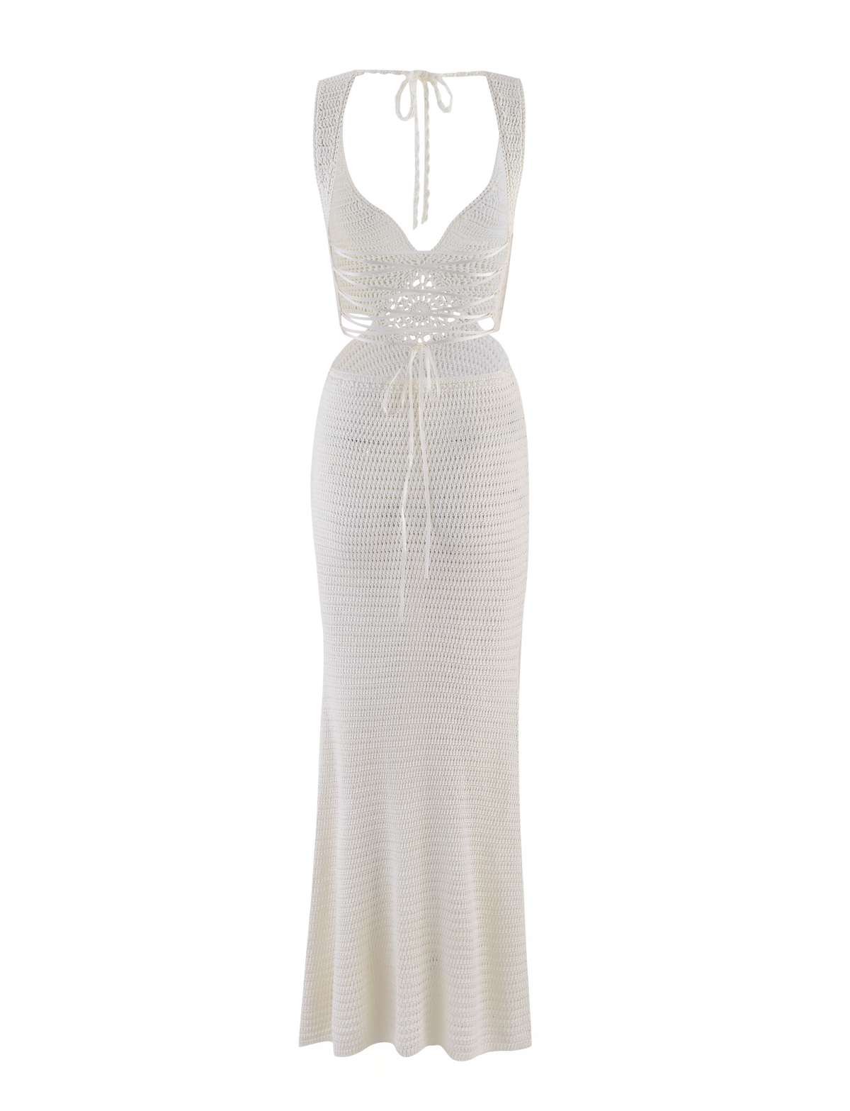 The JONAH MAXI DRESS by TIGERMIST is a sleeveless cream crochet maxi with a plunging neckline, halter straps, fitted waist, front tie detail, and a semi-sheer diamond crochet pattern for an elegant bodycon fit.