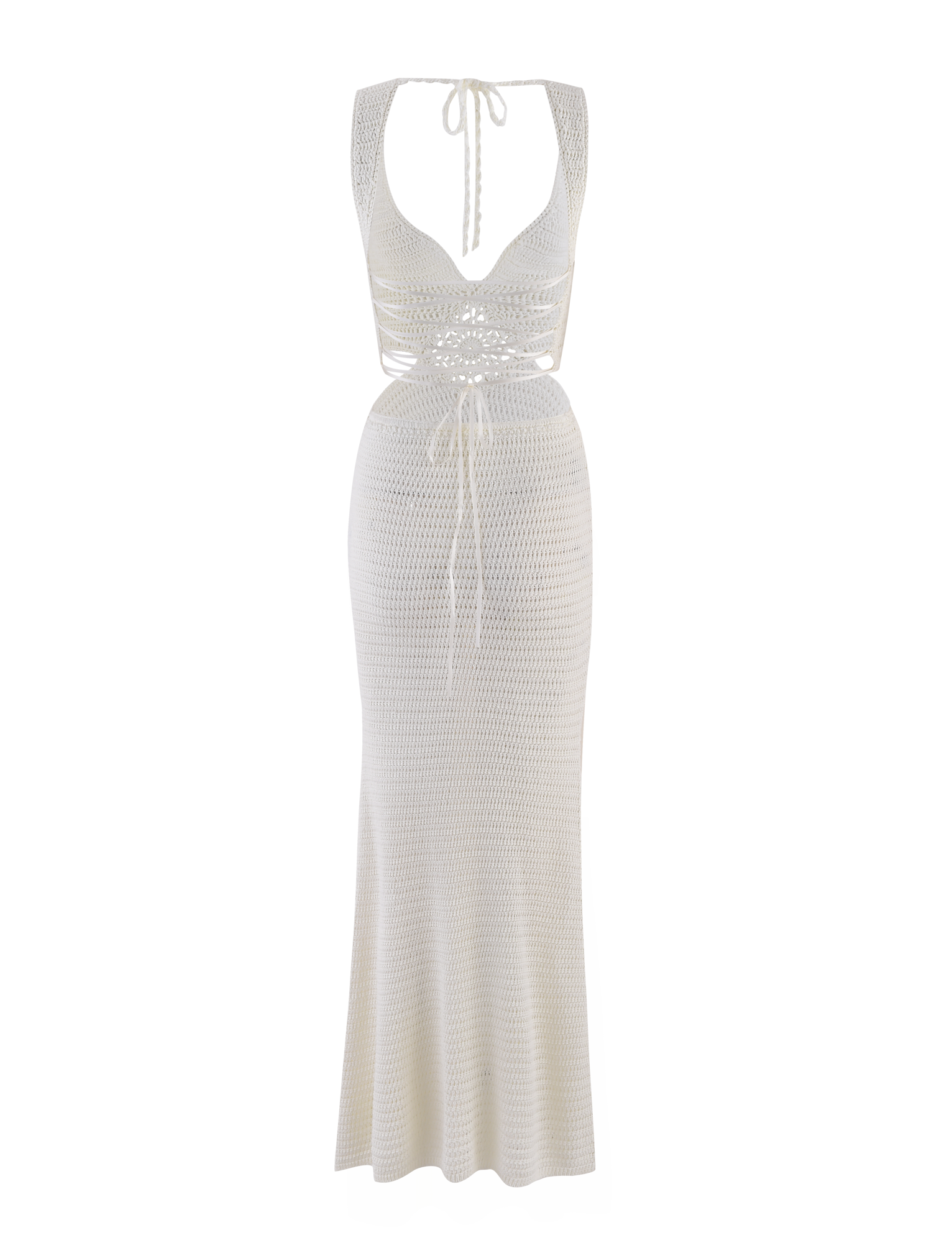 The JONAH MAXI DRESS by TIGERMIST is a sleeveless cream crochet maxi with a plunging neckline, halter straps, fitted waist, front tie detail, and a semi-sheer diamond crochet pattern for an elegant bodycon fit.