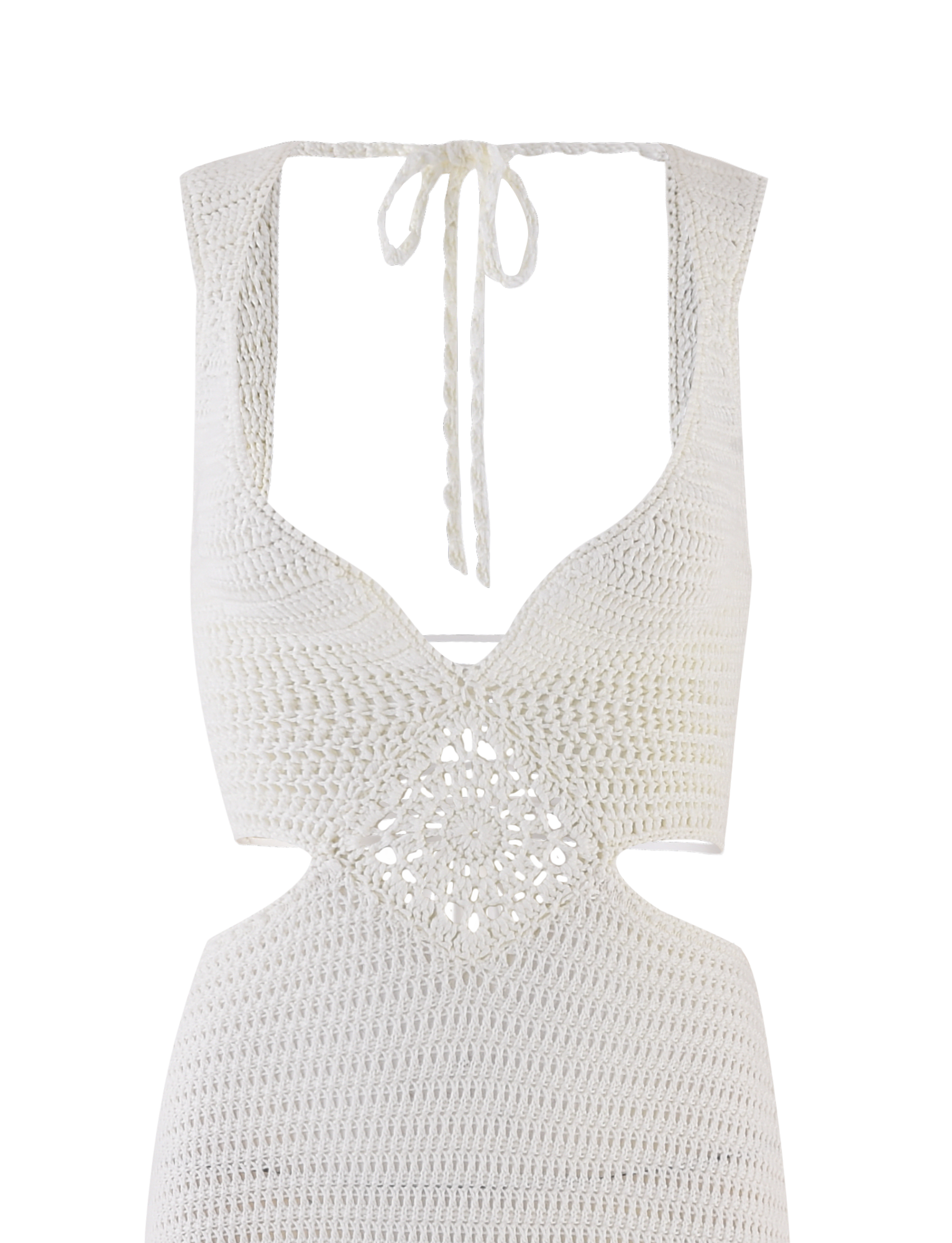 The TIGERMIST JONAH MAXI DRESS in cream features a deep V neckline, open back with tie closure, and detailed diamond crochet patterns at the bodice and waist.