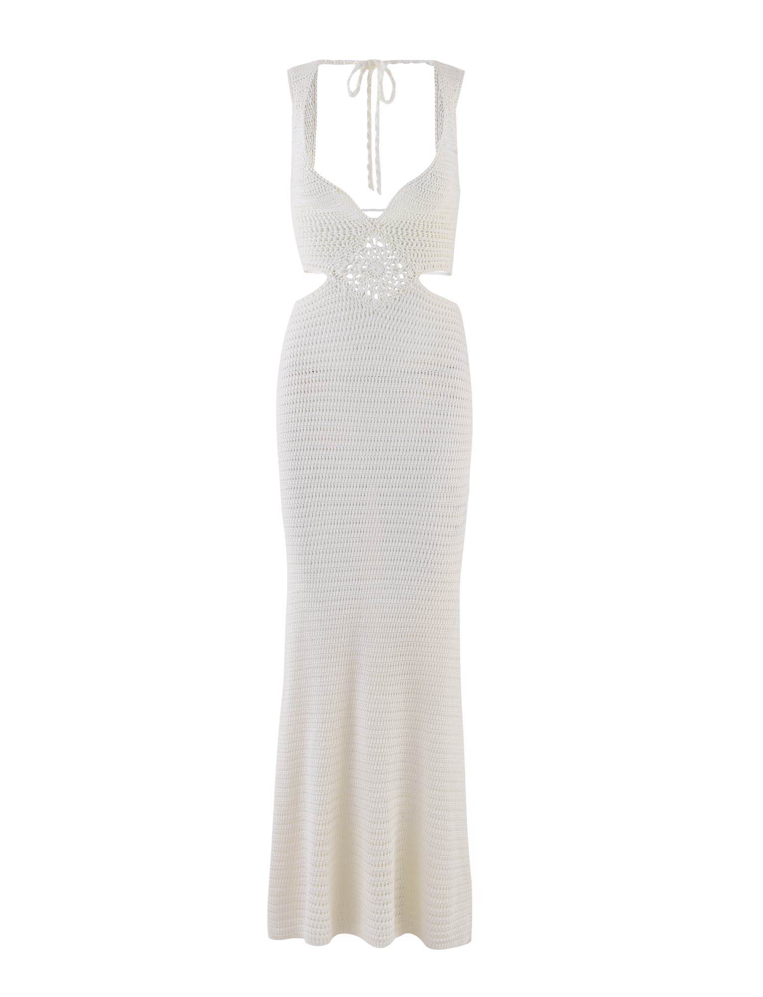 The JONAH MAXI DRESS by TIGERMIST is a cream sleeveless crochet maxi with a fitted bodice, open back, neck tie detail, and a subtly flared hem featuring an elegant diamond pattern.