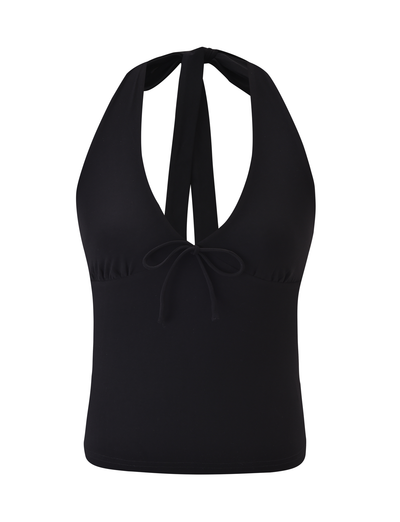 The TIGERMIST ZINZIE HALTER TOP - BLACK features a deep V halter neckline, tie detail at the chest, and is crafted from buttery jersey. Shown on a white background.